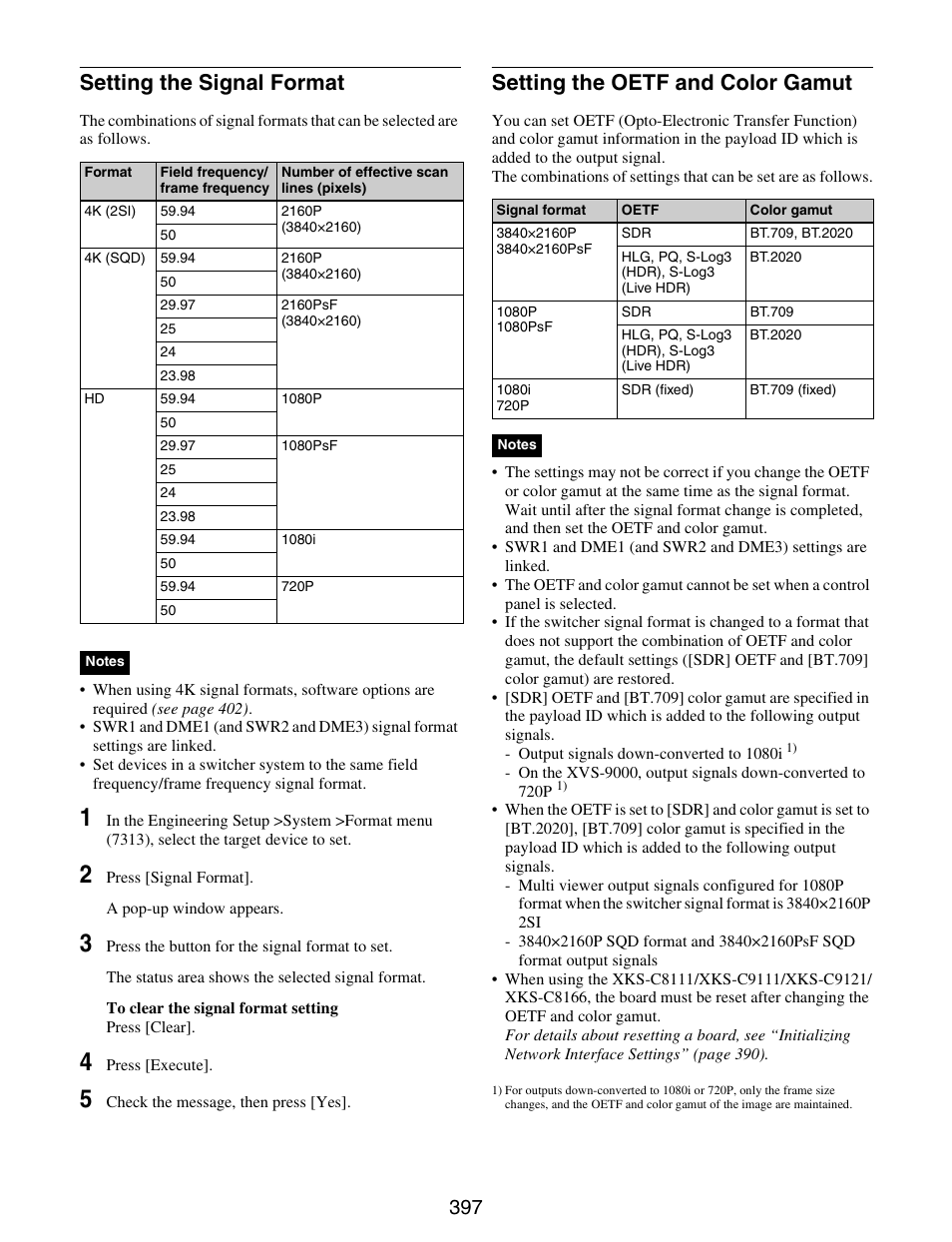 Setting the signal format, Setting the oetf and color gamut | Sony GP-X1EM Grip Extension User Manual | Page 397 / 574