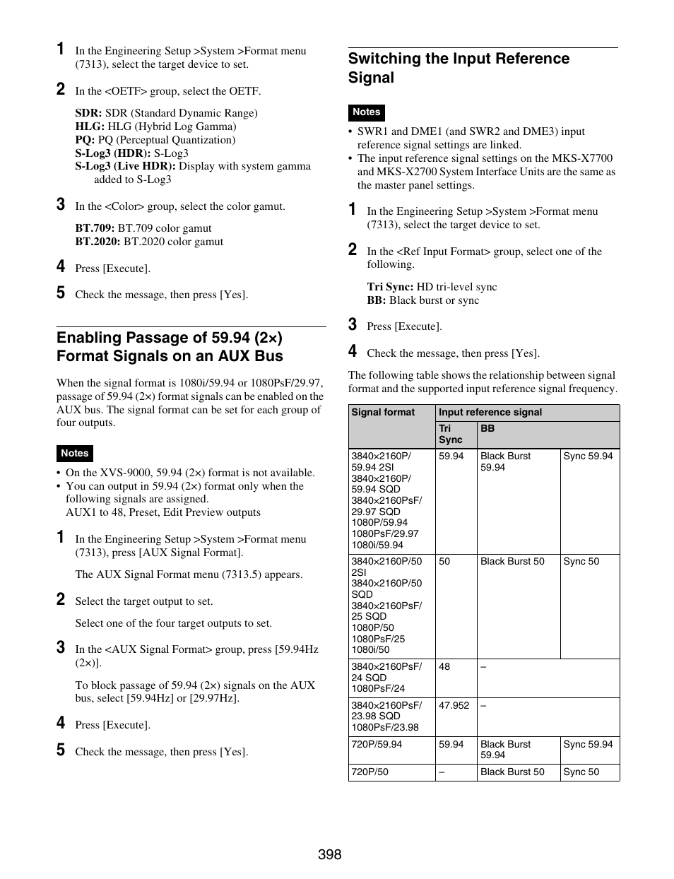 Enabling passage of 59.94 (2×) format, Signals on an aux bus, Switching the input reference signal | Sony GP-X1EM Grip Extension User Manual | Page 398 / 574