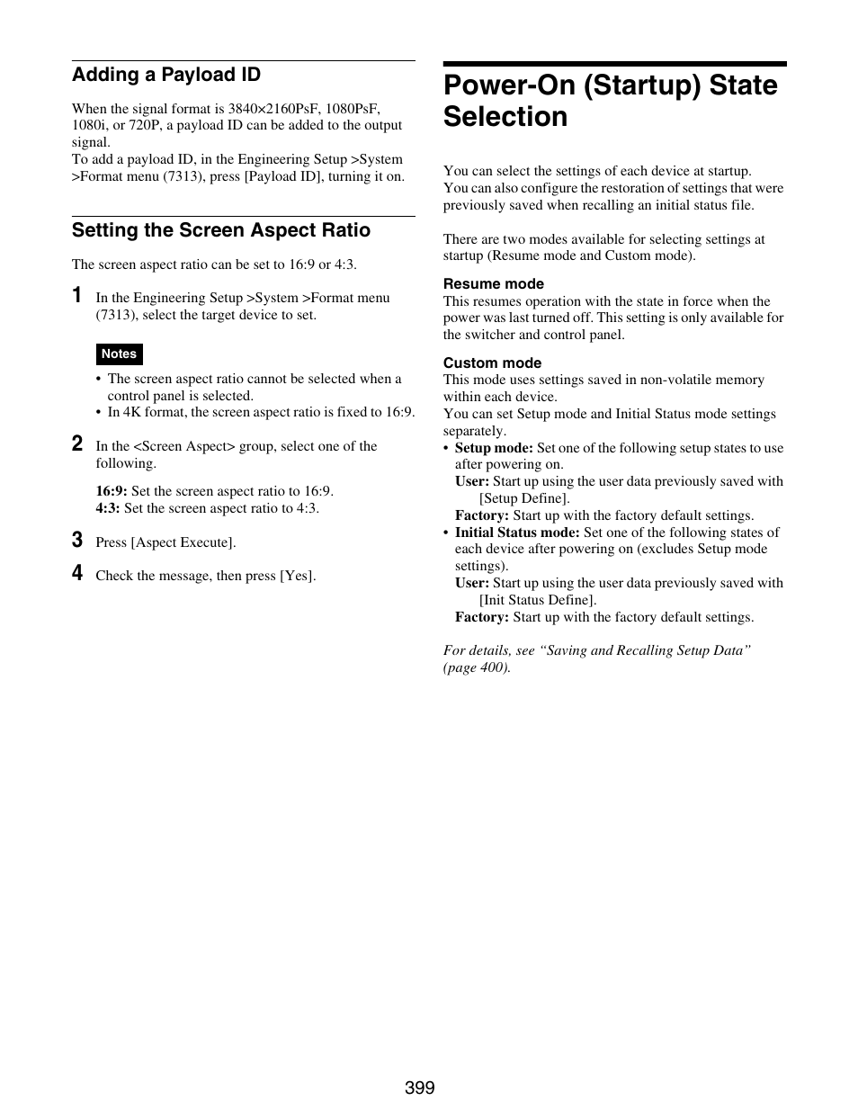 Power-on (startup) state selection, Adding a payload id, Setting the screen aspect ratio | Sony GP-X1EM Grip Extension User Manual | Page 399 / 574