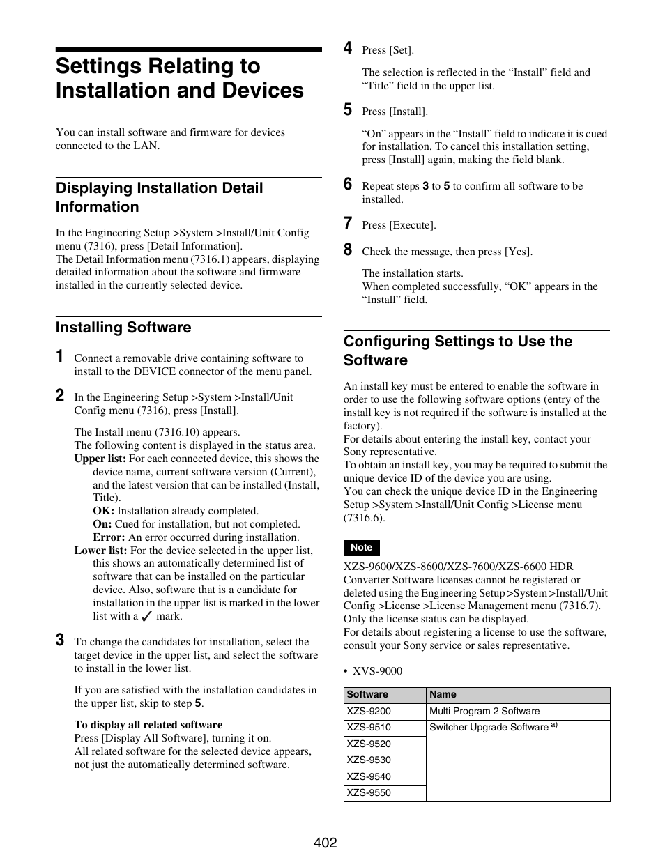 Settings relating to installation and devices, Settings relating to installation and, Devices | Displaying installation detail, Information, Software, Displaying installation detail information, Installing software, Configuring settings to use the software | Sony GP-X1EM Grip Extension User Manual | Page 402 / 574