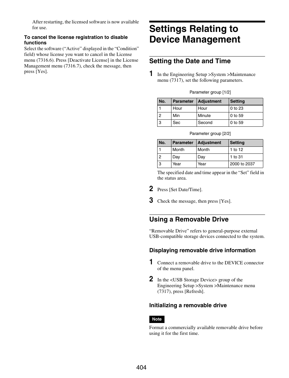 Settings relating to device management, Settings relating to device, Management | Setting the date and time using a removable drive, Setting the date and time, Using a removable drive | Sony GP-X1EM Grip Extension User Manual | Page 404 / 574