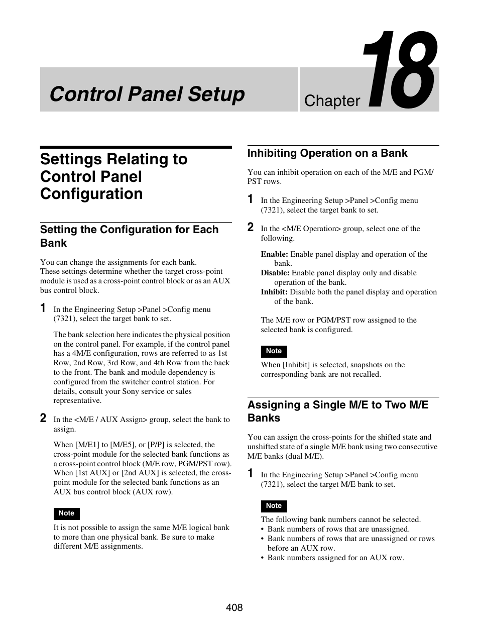 Chapter 18 control panel setup, Settings relating to control panel configuration, Settings relating to control panel | Configuration, Setting the configuration for each, Bank, Banks, Control panel setup, Chapter | Sony GP-X1EM Grip Extension User Manual | Page 408 / 574