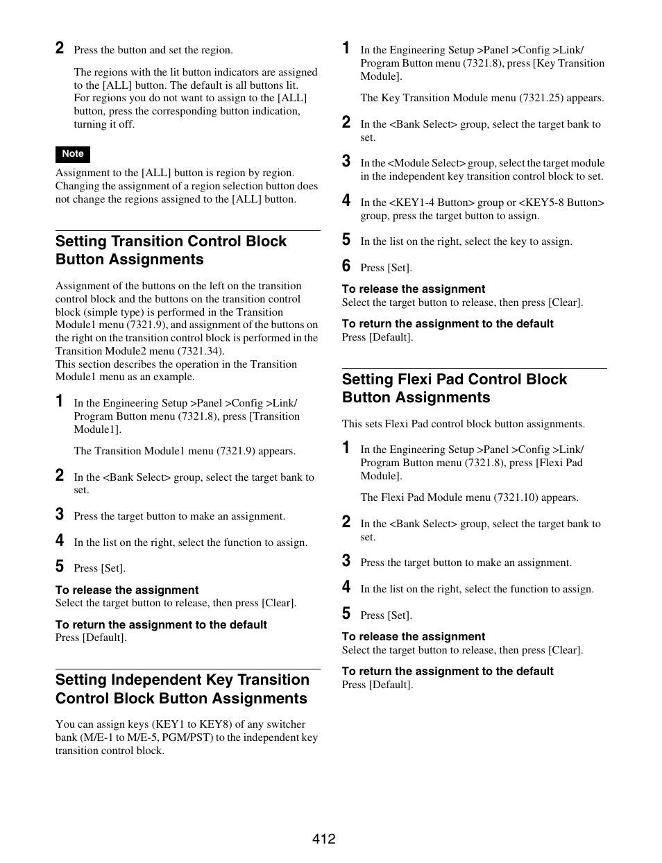 Setting transition control block button, Assignments, Setting independent key transition control | Block button assignments, Setting flexi pad control block button | Sony GP-X1EM Grip Extension User Manual | Page 412 / 574