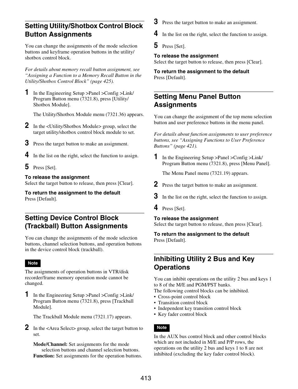 Setting utility/shotbox control block button, Assignments, Setting device control block (trackball) | Button assignments, Setting menu panel button, Inhibiting utility 2 bus and key, Operations | Sony GP-X1EM Grip Extension User Manual | Page 413 / 574