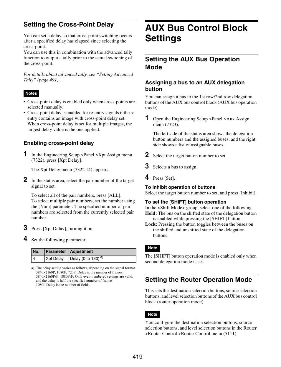 Aux bus control block settings, Setting the cross-point delay, Menu | Setting the aux bus operation mode, Setting the router operation mode | Sony GP-X1EM Grip Extension User Manual | Page 419 / 574