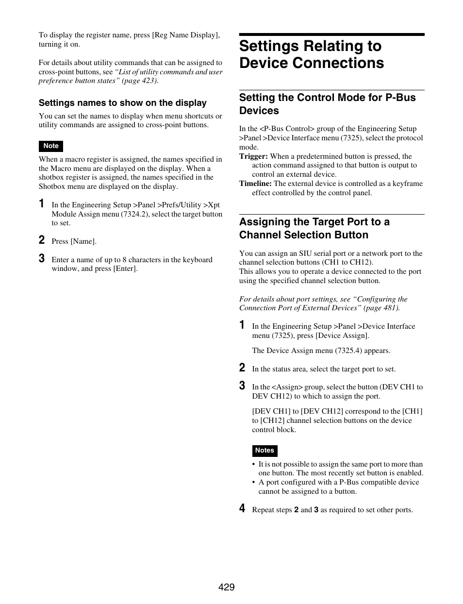 Settings relating to device connections, Settings relating to device, Connections | Setting the control mode for p-bus, Devices, Assigning the target port to a channel, Selection button | Sony GP-X1EM Grip Extension User Manual | Page 429 / 574