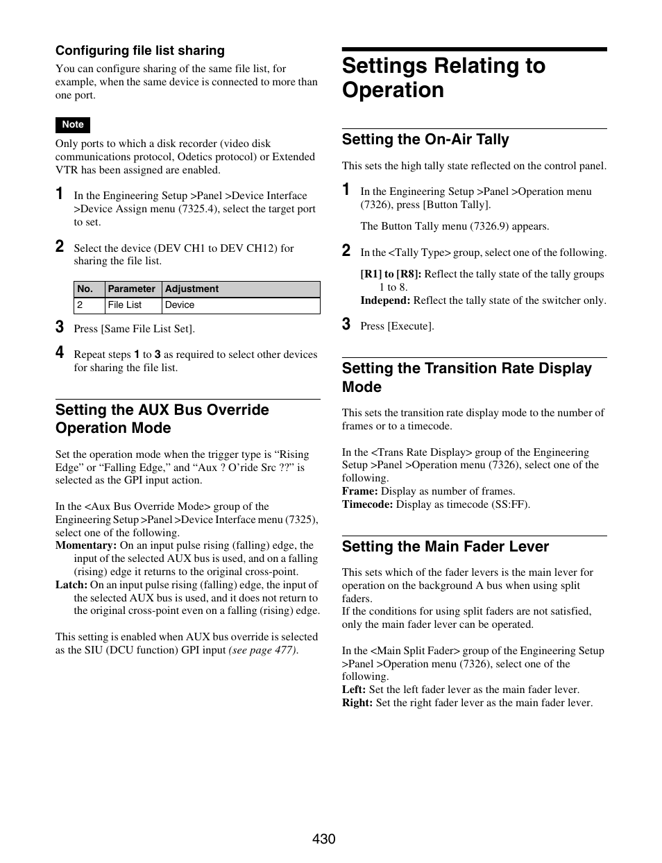 Settings relating to operation, Setting the aux bus override operation, Mode | Setting the main fader lever, Setting the aux bus override operation mode, Setting the on-air tally, Setting the transition rate display mode | Sony GP-X1EM Grip Extension User Manual | Page 430 / 574