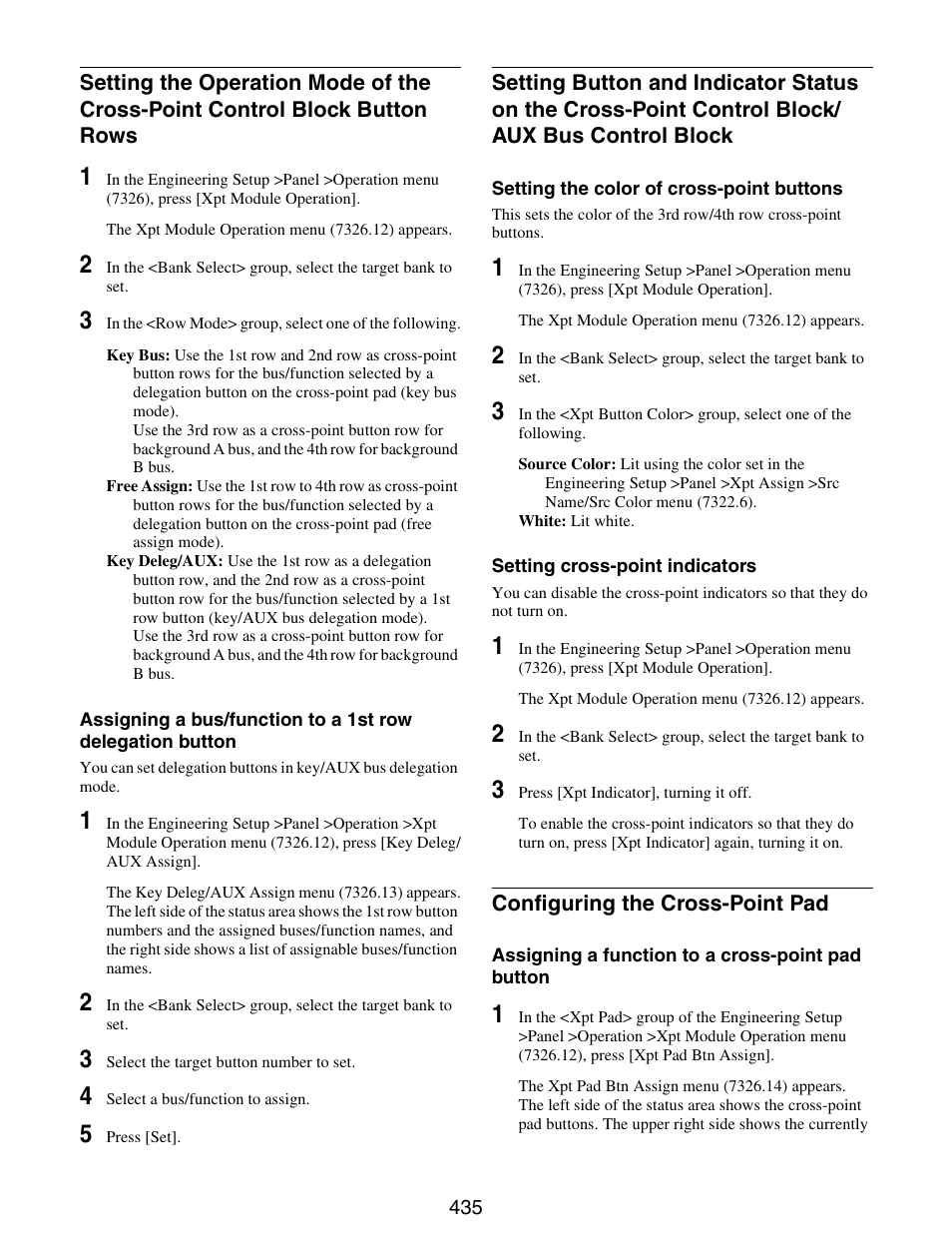 Setting the operation mode of the cross-point, Control block button rows, Setting button and indicator status on the | Cross-point control block/aux bus control block, Configuring the cross-point pad | Sony GP-X1EM Grip Extension User Manual | Page 435 / 574