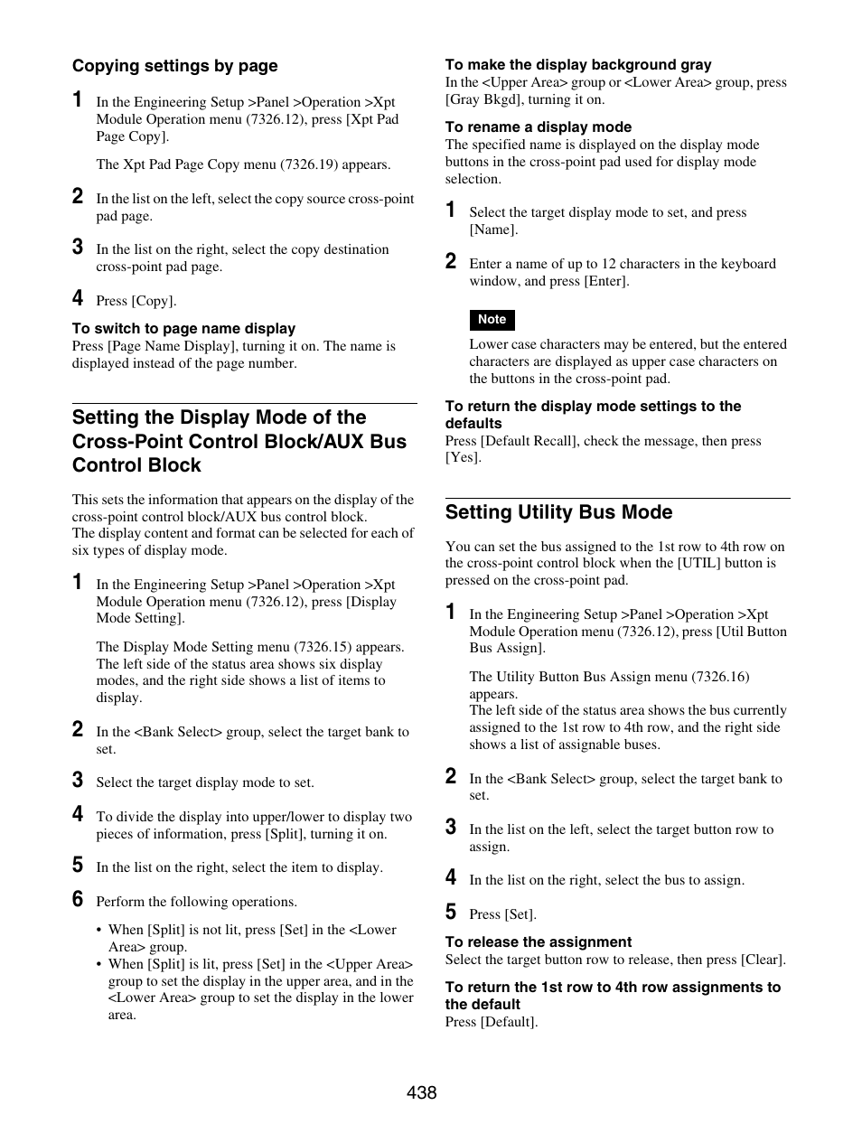 Setting the display mode of the cross, Point control block/aux bus control block, Setting utility bus mode | Sony GP-X1EM Grip Extension User Manual | Page 438 / 574