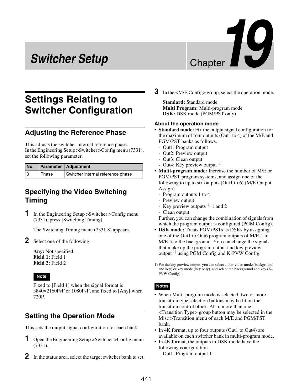 Chapter 19 switcher setup, Settings relating to switcher configuration, Settings relating to switcher | Configuration, Switcher setup, Chapter | Sony GP-X1EM Grip Extension User Manual | Page 441 / 574