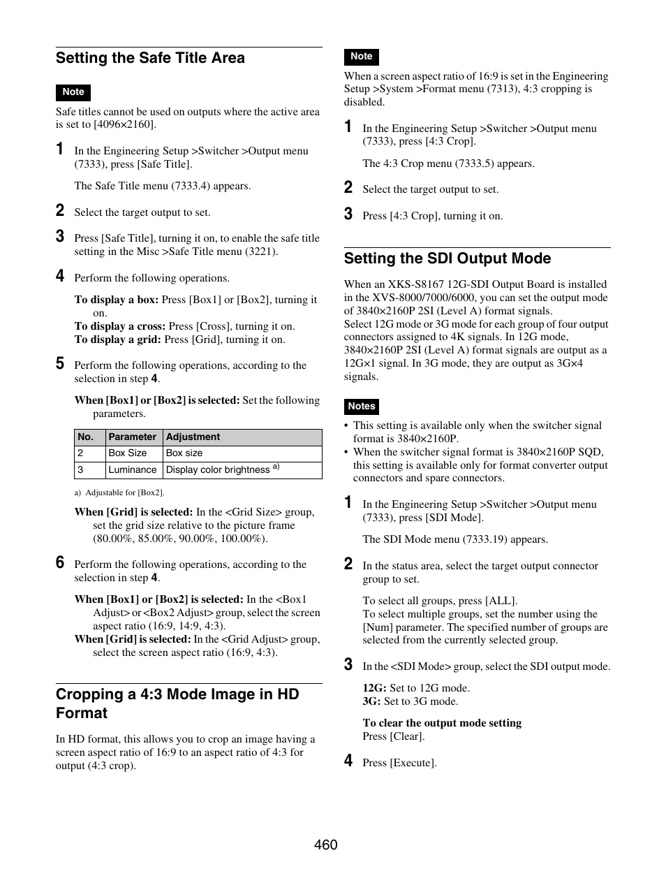 Format, Setting the sdi output mode, Setting the safe title area | Cropping a 4:3 mode image in hd format | Sony GP-X1EM Grip Extension User Manual | Page 460 / 574