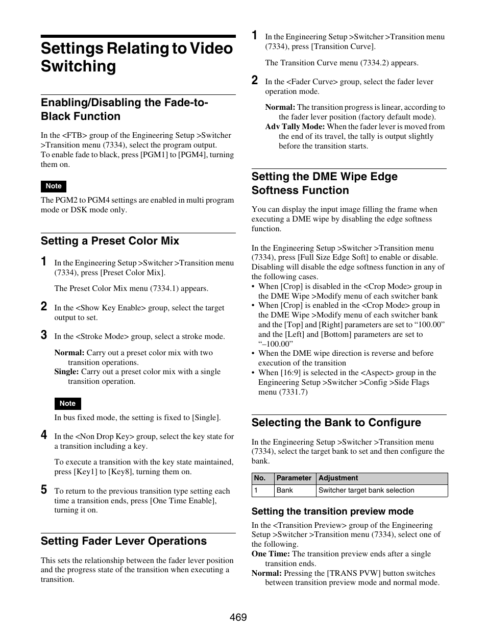 Settings relating to video switching, Enabling/disabling the fade-to-black, Function | Selecting the bank to configure, Enabling/disabling the fade-to- black function, Setting a preset color mix, Setting fader lever operations, Setting the dme wipe edge softness function | Sony GP-X1EM Grip Extension User Manual | Page 469 / 574