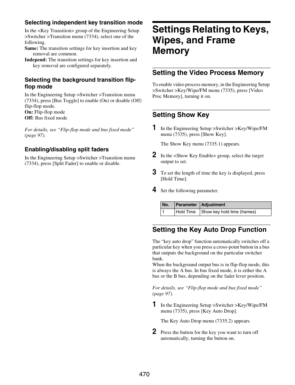 Settings relating to keys, wipes, and frame memory, Settings relating to keys, wipes, and, Frame memory | Sony GP-X1EM Grip Extension User Manual | Page 470 / 574