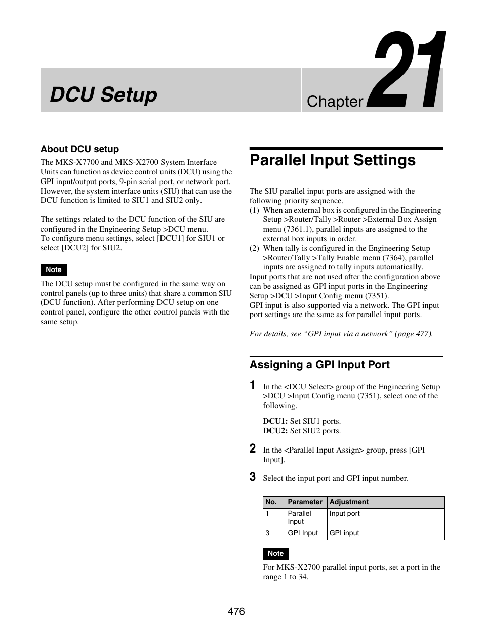 Chapter 21 dcu setup, Parallel input settings, Assigning a gpi input port | Dcu setup, Chapter | Sony GP-X1EM Grip Extension User Manual | Page 476 / 574