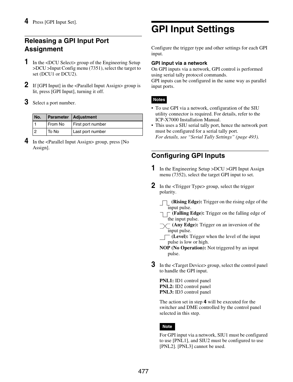 Gpi input settings, Releasing a gpi input port assignment, Configuring gpi inputs | Sony GP-X1EM Grip Extension User Manual | Page 477 / 574