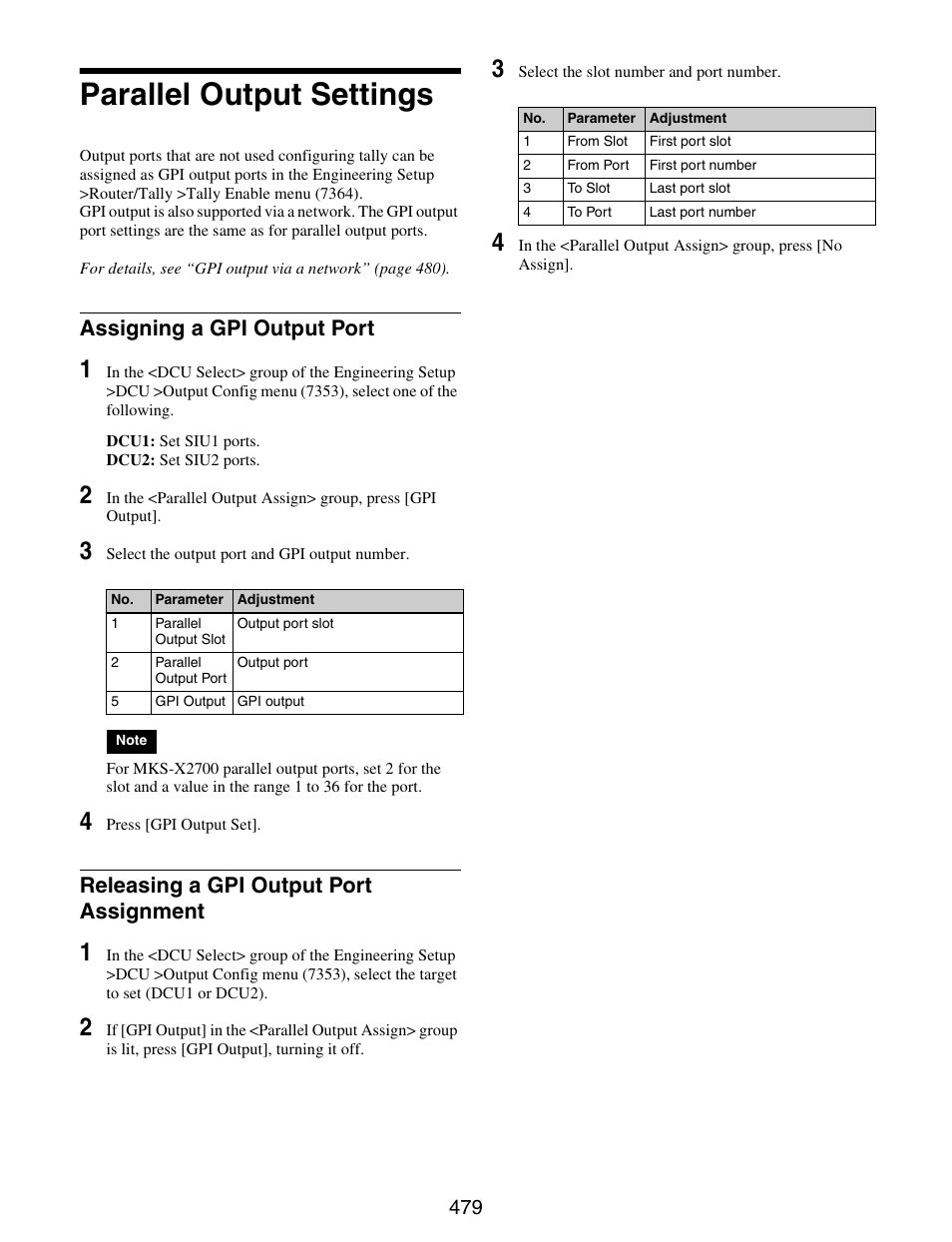 Parallel output settings, Assignment, Assigning a gpi output port | Releasing a gpi output port assignment | Sony GP-X1EM Grip Extension User Manual | Page 479 / 574