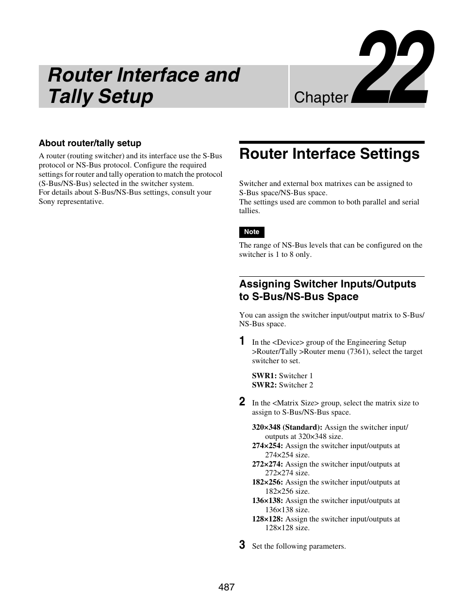 Chapter 22 router interface and tally setup, Router interface settings, Assigning switcher inputs/outputs to | S-bus/ns-bus space, Router interface and tally setup, Chapter | Sony GP-X1EM Grip Extension User Manual | Page 487 / 574