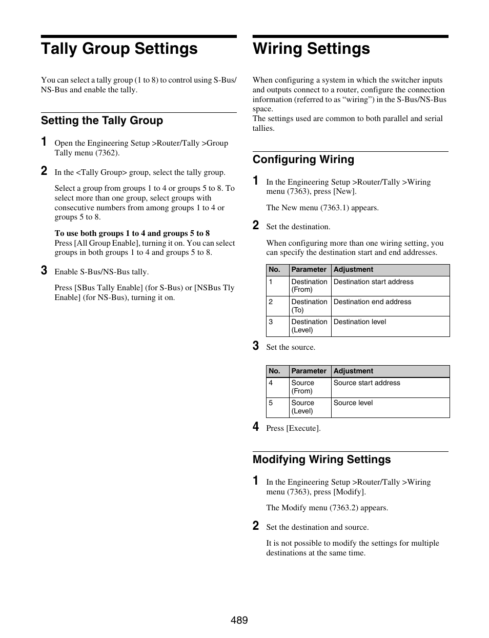 Tally group settings, Wiring settings, Setting the tally group | Configuring wiring modifying wiring settings | Sony GP-X1EM Grip Extension User Manual | Page 489 / 574