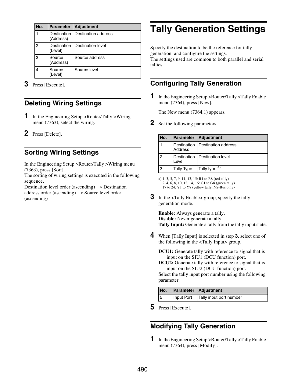 Tally generation settings, Deleting wiring settings sorting wiring settings, Deleting wiring settings | Sorting wiring settings, Configuring tally generation, Modifying tally generation | Sony GP-X1EM Grip Extension User Manual | Page 490 / 574