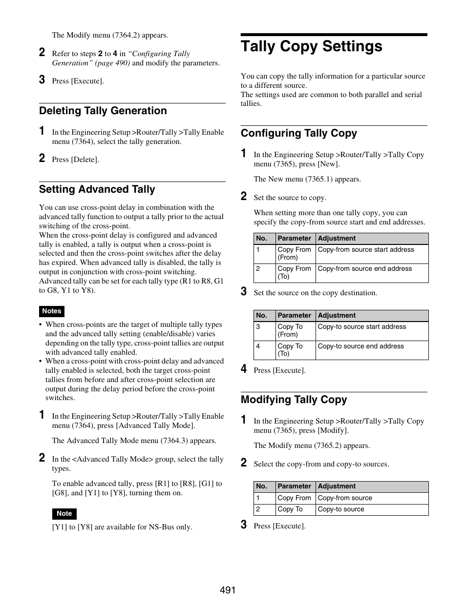 Tally copy settings, Deleting tally generation setting advanced tally, Configuring tally copy modifying tally copy | Deleting tally generation, Setting advanced tally, Configuring tally copy, Modifying tally copy | Sony GP-X1EM Grip Extension User Manual | Page 491 / 574