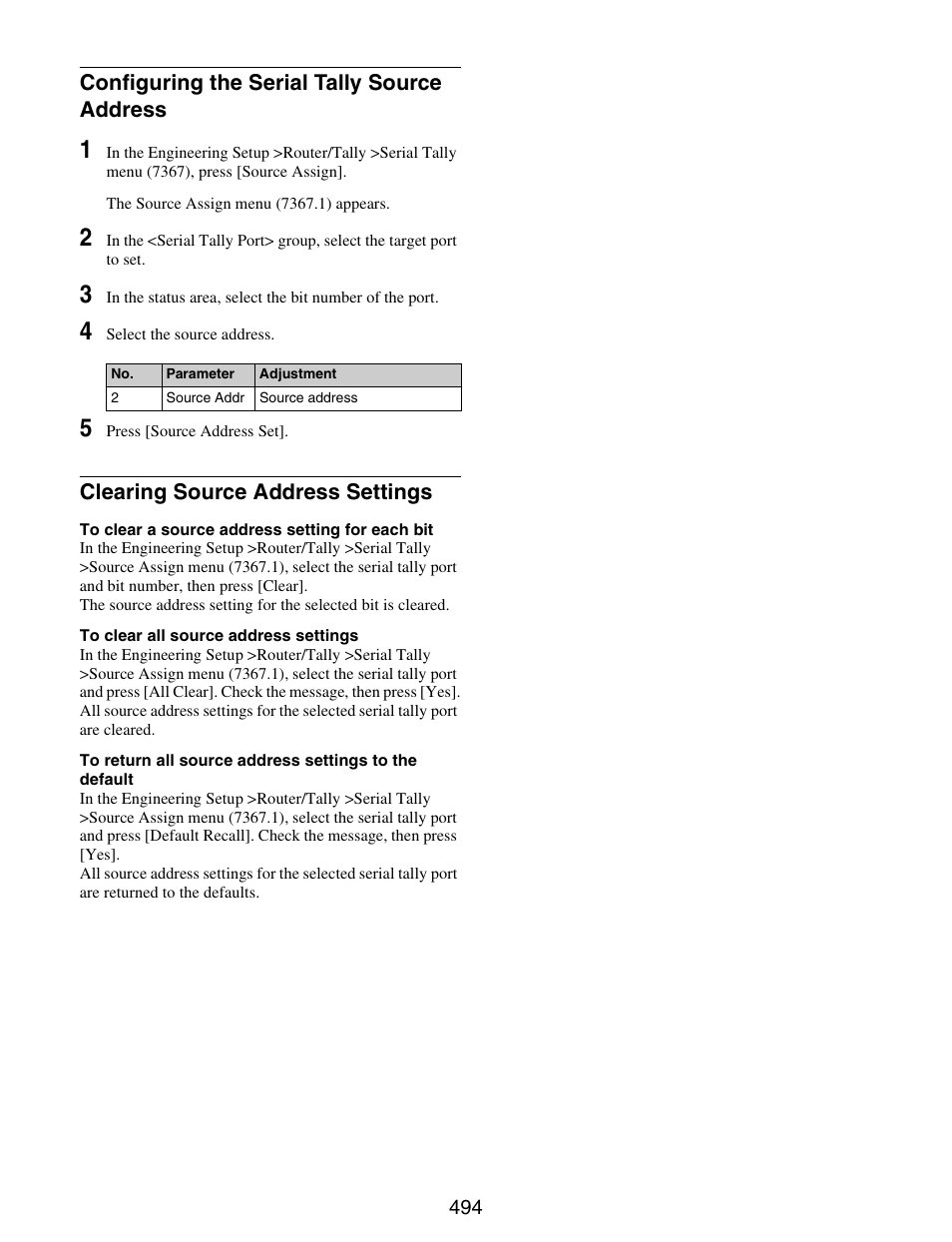 Configuring the serial tally source, Address, Clearing source address settings | Sony GP-X1EM Grip Extension User Manual | Page 494 / 574