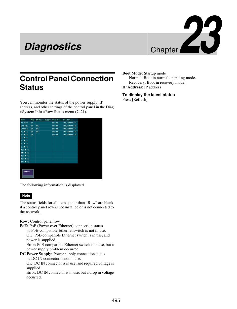 Chapter 23 diagnostics, Control panel connection status, Diagnostics | Chapter | Sony GP-X1EM Grip Extension User Manual | Page 495 / 574