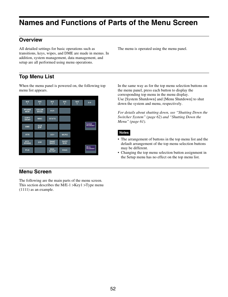 Names and functions of parts of the menu screen, Names and functions of parts of the menu, Screen | Overview top menu list menu screen | Sony GP-X1EM Grip Extension User Manual | Page 52 / 574