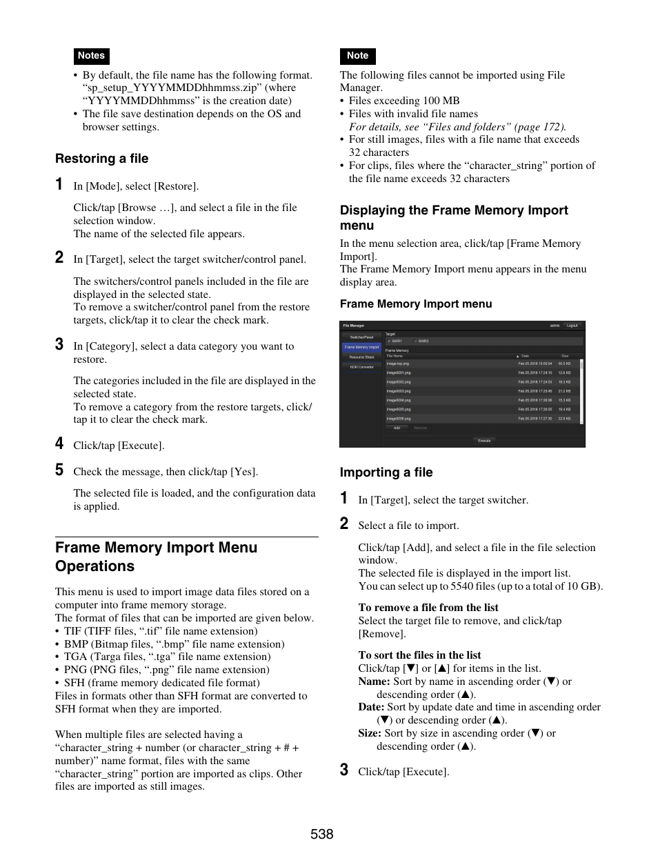 Frame memory import menu, Operations | Sony GP-X1EM Grip Extension User Manual | Page 538 / 574