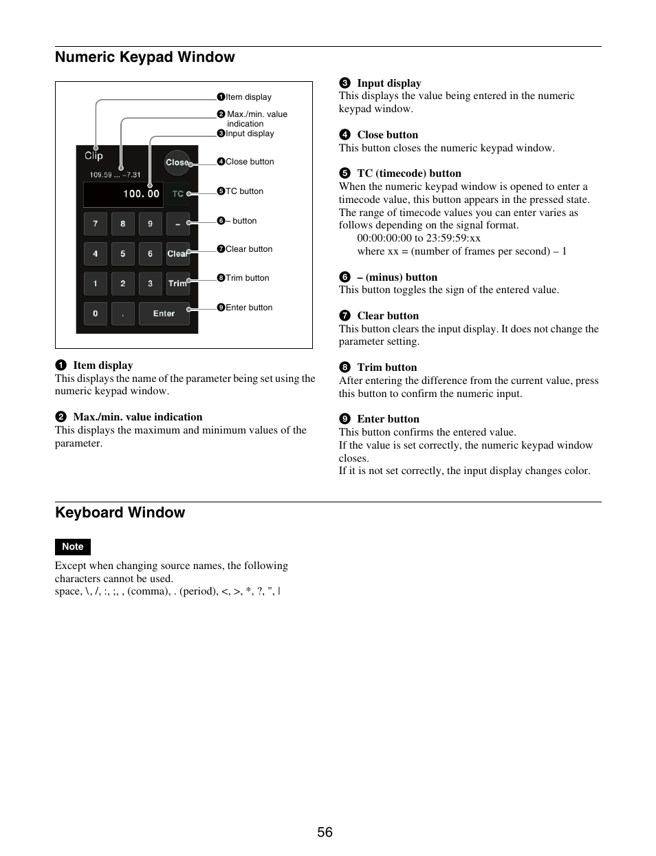 Numeric keypad window, Keyboard window | Sony GP-X1EM Grip Extension User Manual | Page 56 / 574