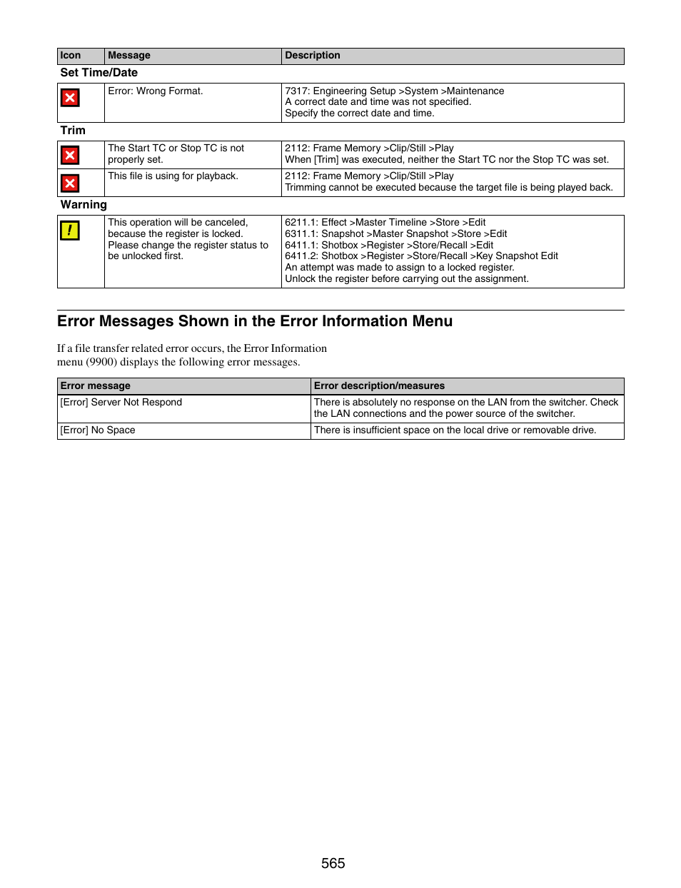 Error messages shown in the error, Information menu, Error messages shown in the error information menu | Sony GP-X1EM Grip Extension User Manual | Page 565 / 574