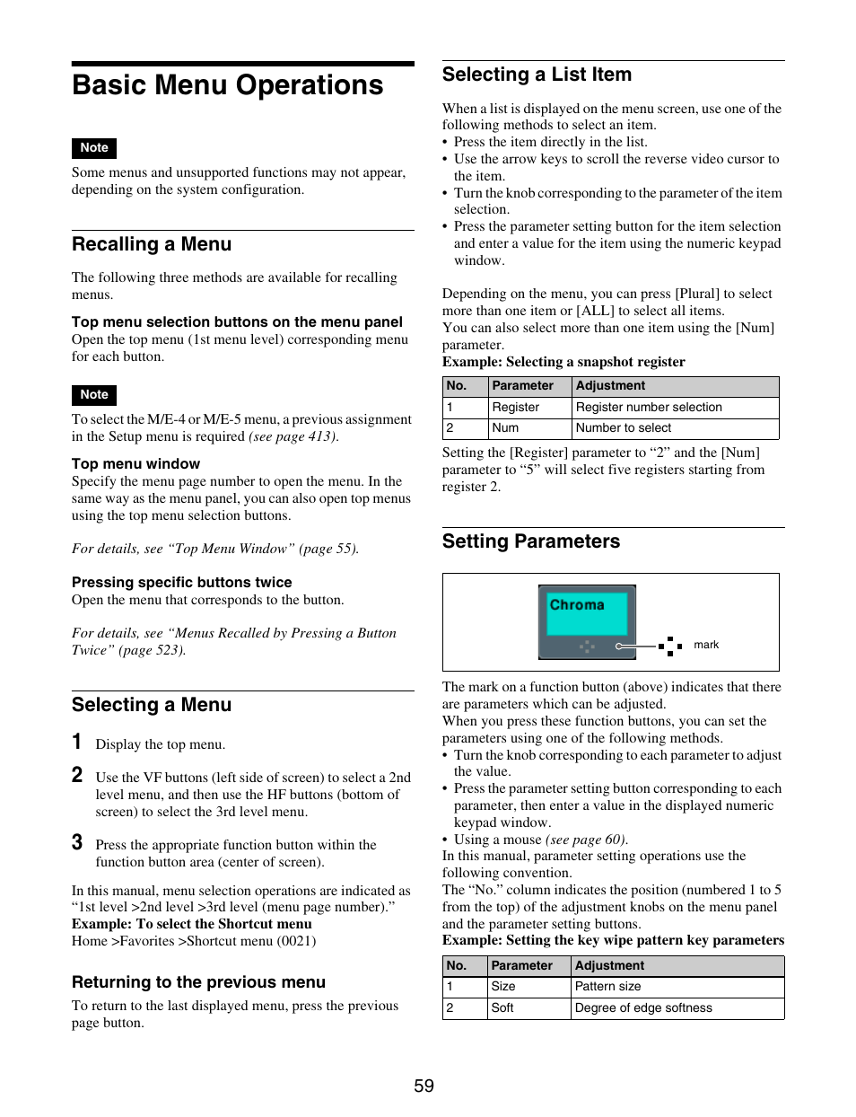 Basic menu operations, Recalling a menu, Selecting a menu | Selecting a list item, Setting parameters | Sony GP-X1EM Grip Extension User Manual | Page 59 / 574