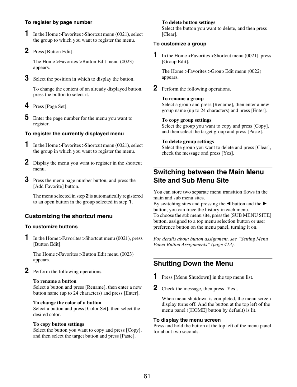 Switching between the main menu site and, Sub menu site, Shutting down the menu | Sony GP-X1EM Grip Extension User Manual | Page 61 / 574