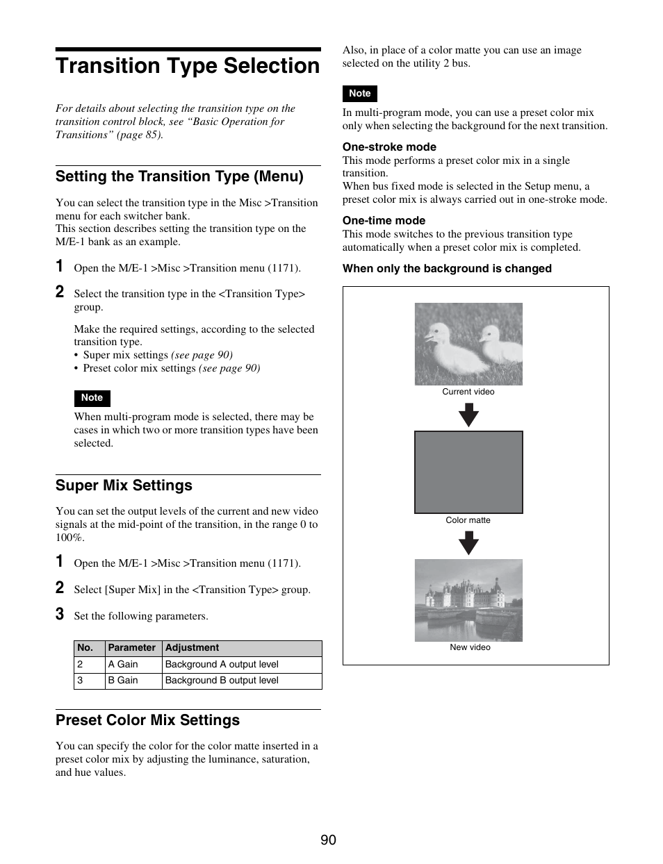 Transition type selection, Setting the transition type (menu), Super mix settings | Preset color mix settings | Sony GP-X1EM Grip Extension User Manual | Page 90 / 574