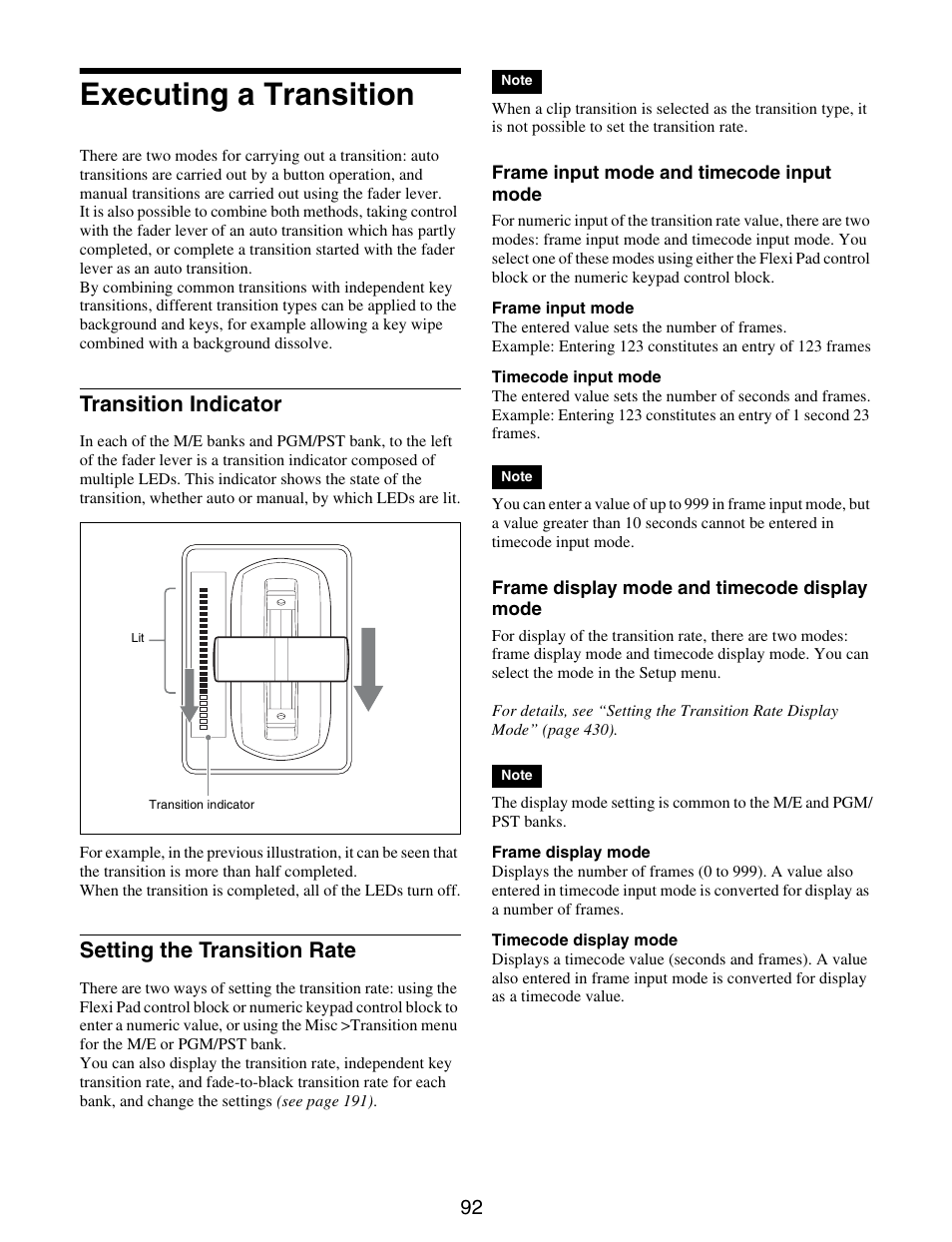 Executing a transition, Transition indicator setting the transition rate, Transition indicator | Setting the transition rate | Sony GP-X1EM Grip Extension User Manual | Page 92 / 574