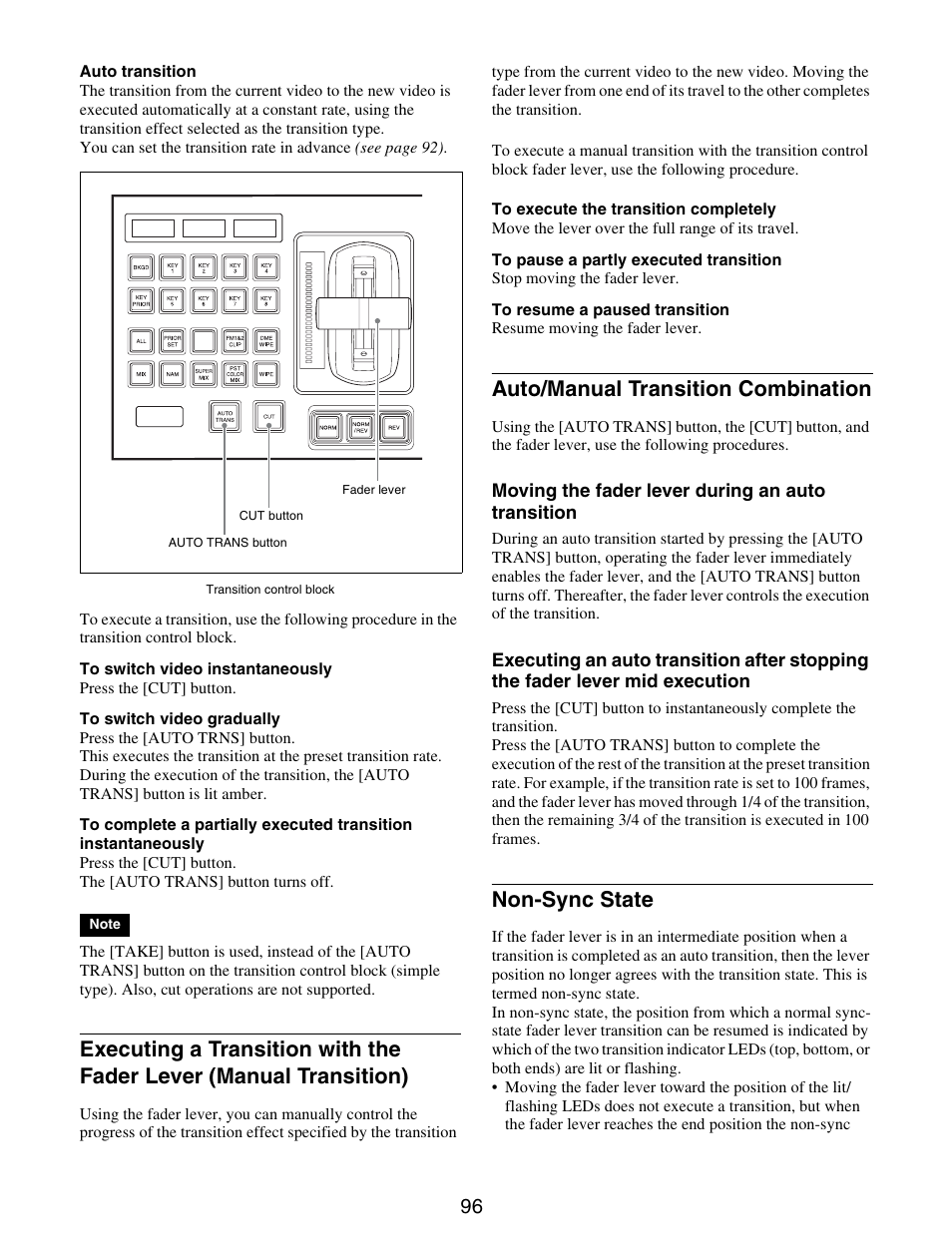 Executing a transition with the fader lever, Manual transition), Auto/manual transition combination non-sync state | Auto/manual transition combination, Non-sync state | Sony GP-X1EM Grip Extension User Manual | Page 96 / 574