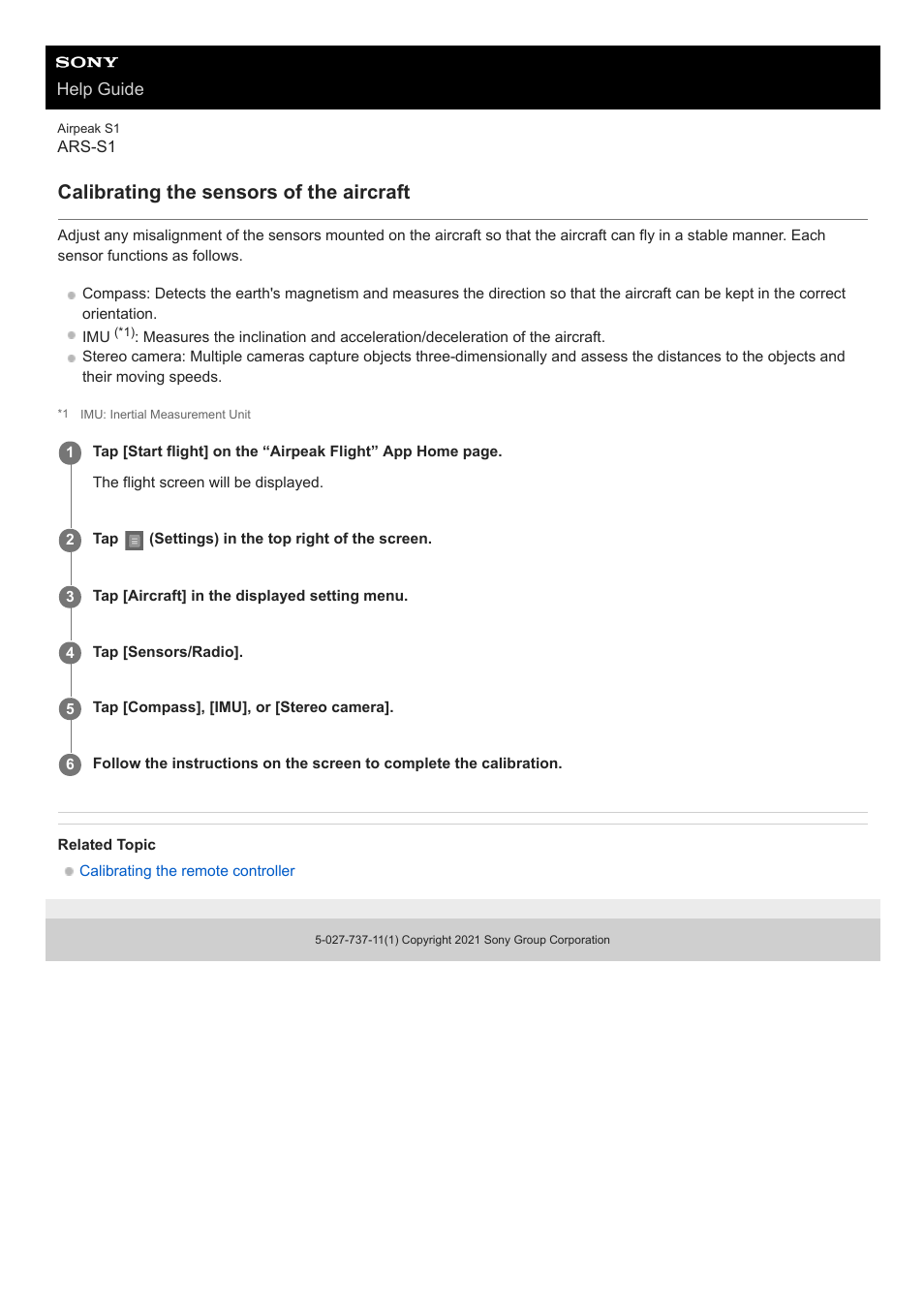 Calibrating the sensors of the aircraft | Sony AG-R2 Attachment Grip User Manual | Page 115 / 123