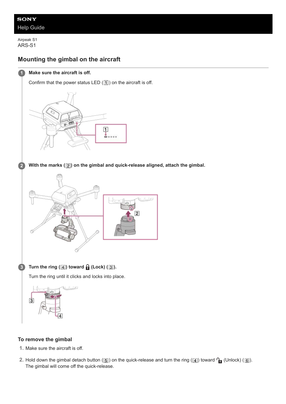 Mounting the gimbal on the aircraft | Sony AG-R2 Attachment Grip User Manual | Page 47 / 123