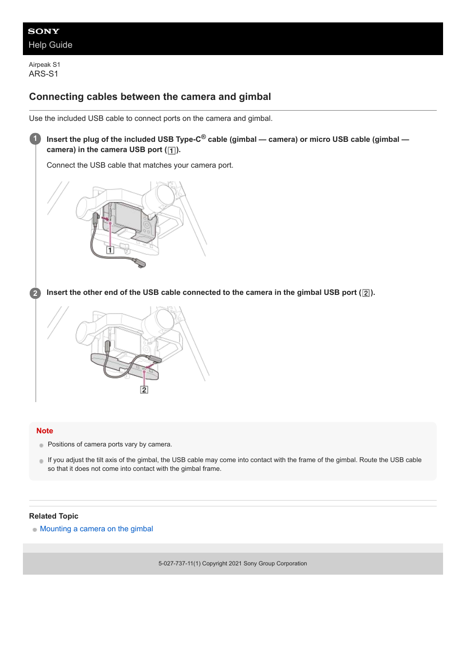 Connecting cables between the camera and gimbal | Sony AG-R2 Attachment Grip User Manual | Page 52 / 123