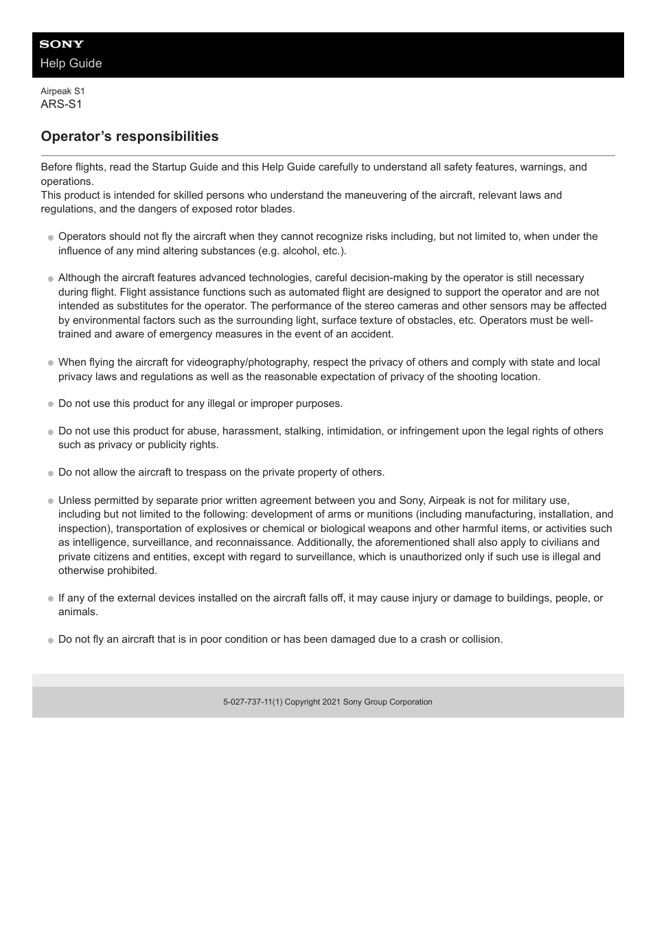 Operator’s responsibilities | Sony AG-R2 Attachment Grip User Manual | Page 75 / 123