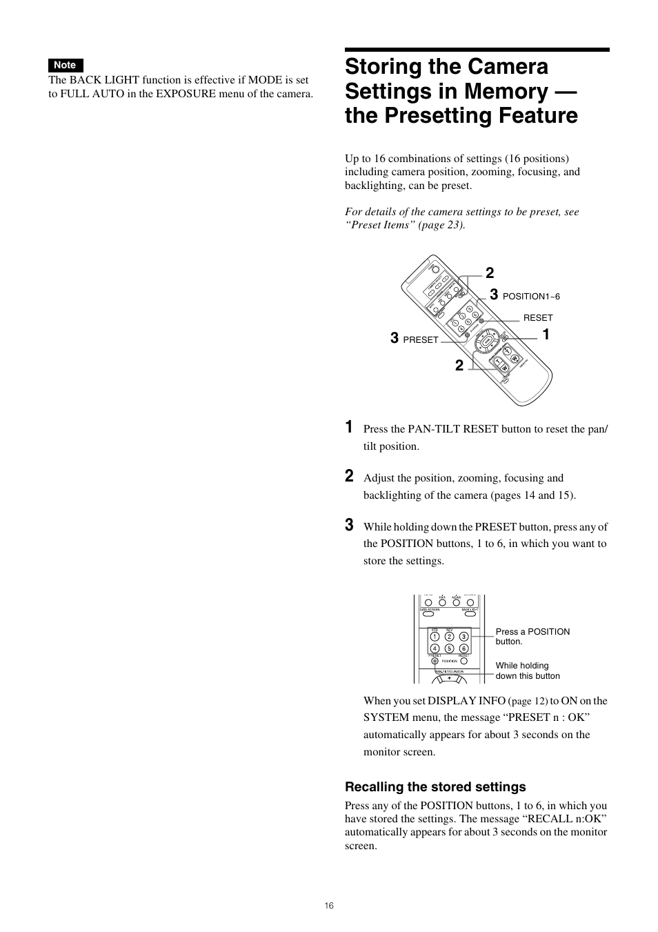 Storing the camera settings in memory, The presetting feature | Sony PCK-LG3 Glass Screen Protector for a7R V User Manual | Page 16 / 25