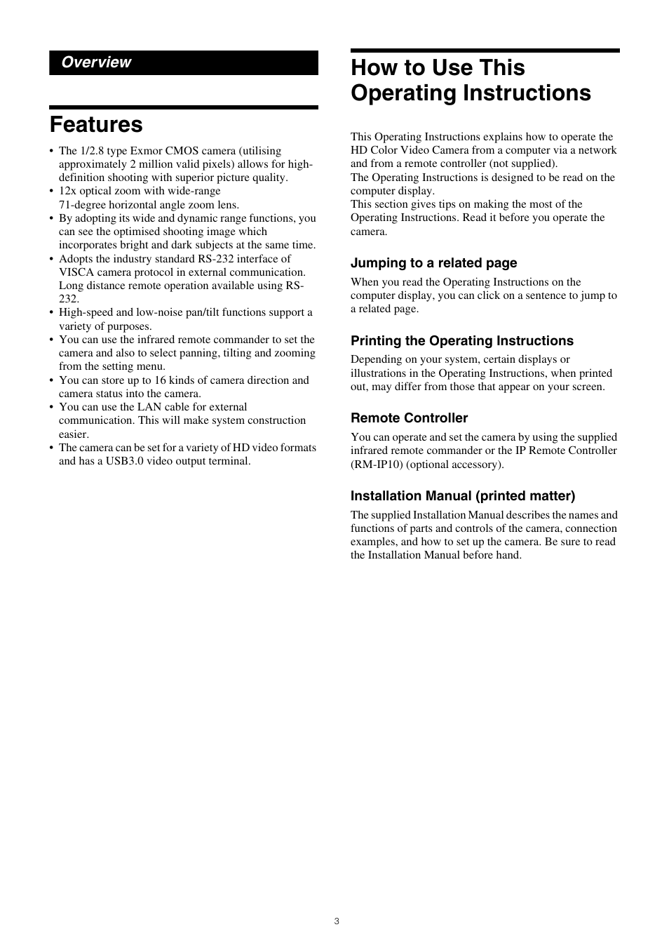 Overview, Features, How to use this operating instructions | Features how to use this operating instructions | Sony PCK-LG3 Glass Screen Protector for a7R V User Manual | Page 3 / 25