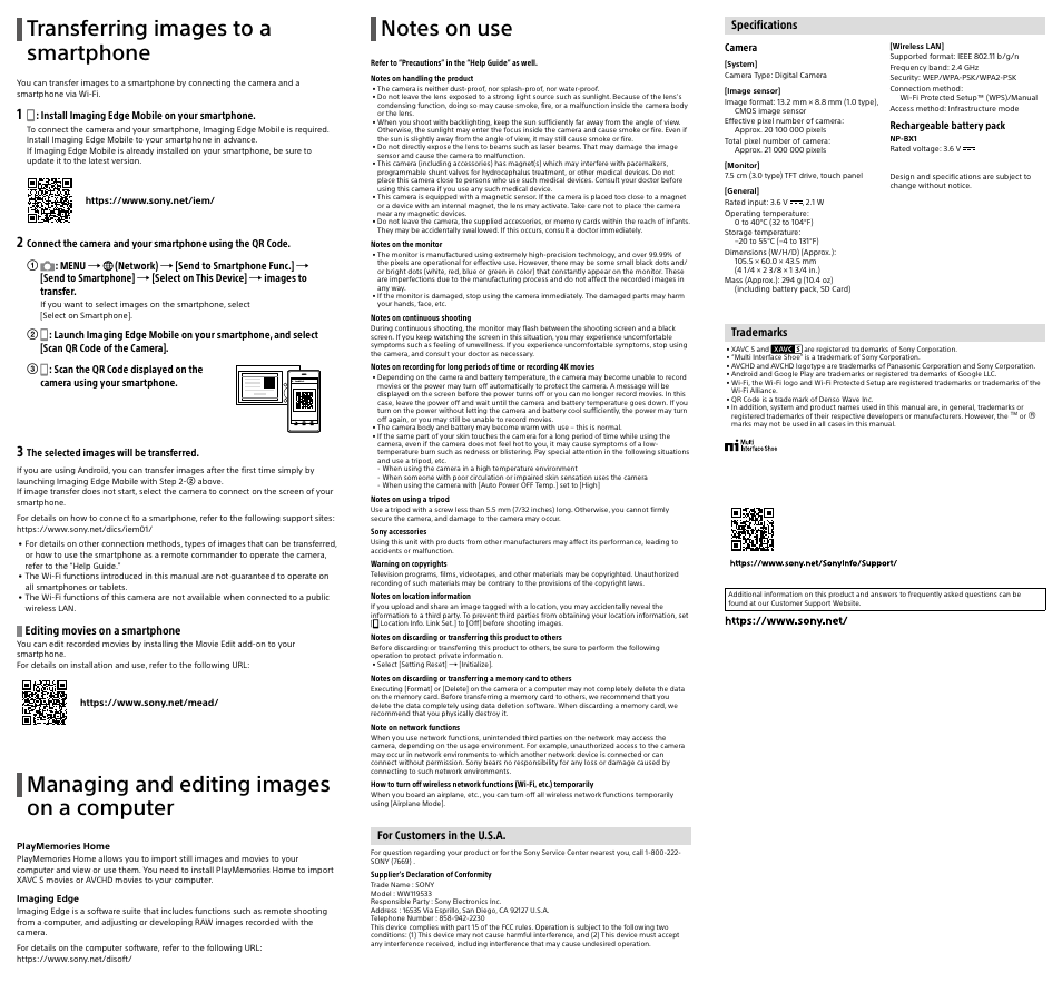 Transferring images to a smartphone, Managing and editing images on a computer | Sony LCS-CSJ Soft Carrying Case for DSC-S/W/T/N Series Cameras User Manual | Page 2 / 2