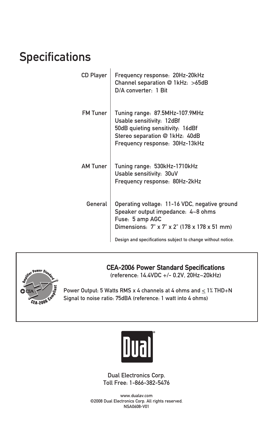 Specifications | Dual MXD25 User Manual | Page 12 / 12