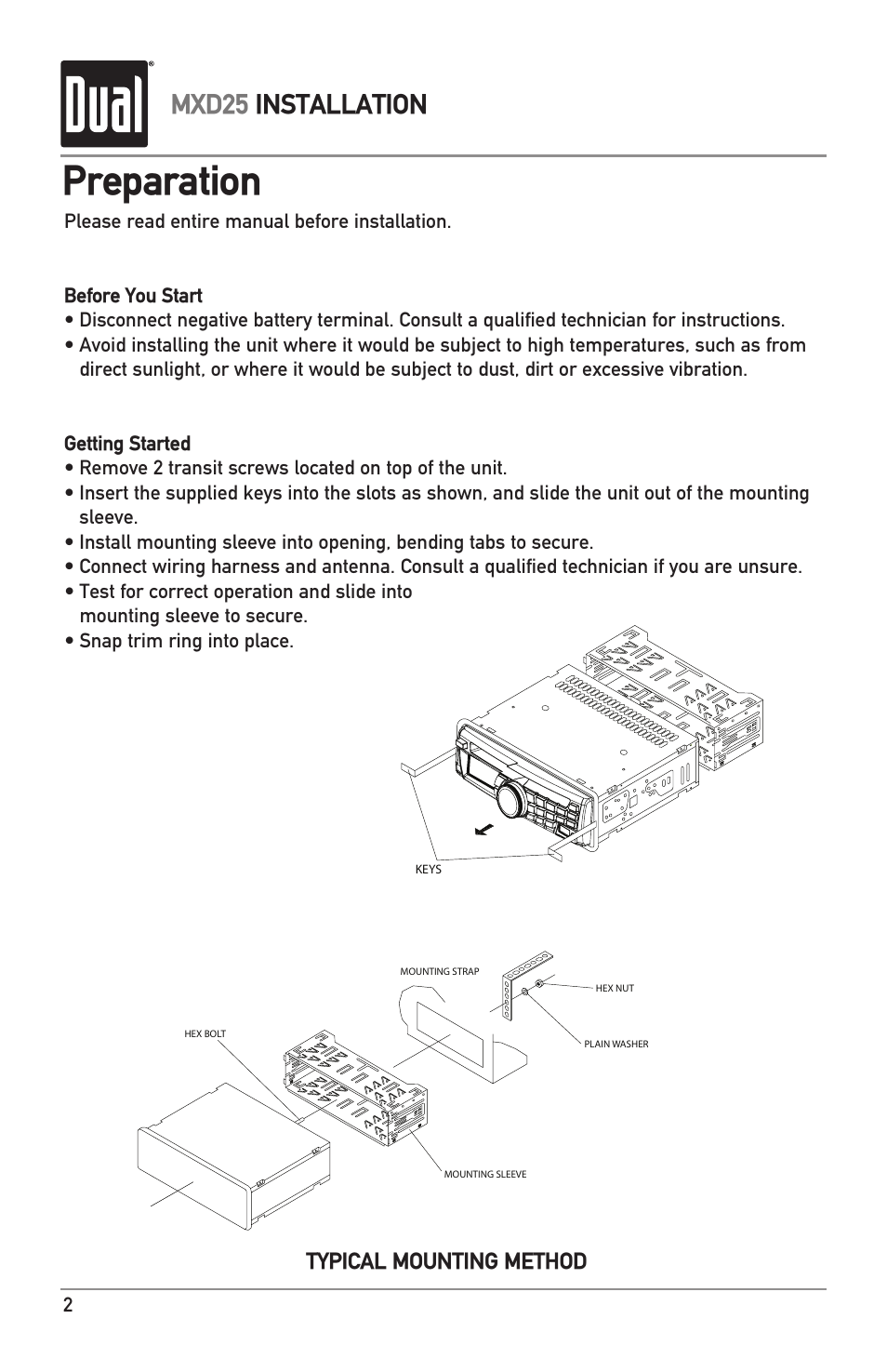 Preparation, Mxd25 installation, Typical mounting method | Dual MXD25 User Manual | Page 2 / 12