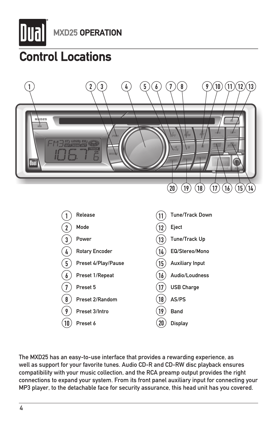 Control locations, Mxd25 operation | Dual MXD25 User Manual | Page 4 / 12