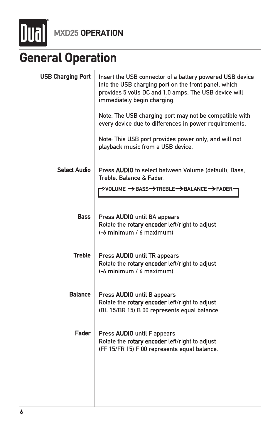 General operation, Mxd25 operation | Dual MXD25 User Manual | Page 6 / 12