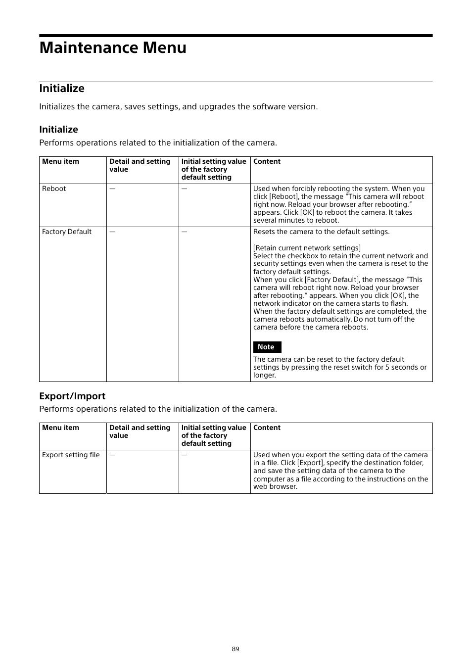 Maintenance menu, Initialize, Export/import | Sony Signature Series NW-WM1ZM2 Walkman Digital Music Player User Manual | Page 89 / 101