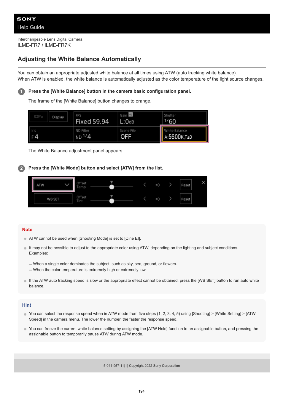 Adjusting the white balance automatically, Help guide | Sony NW-A306 Walkman A Series High-Resolution Digital Audio Player (Black) User Manual | Page 194 / 458