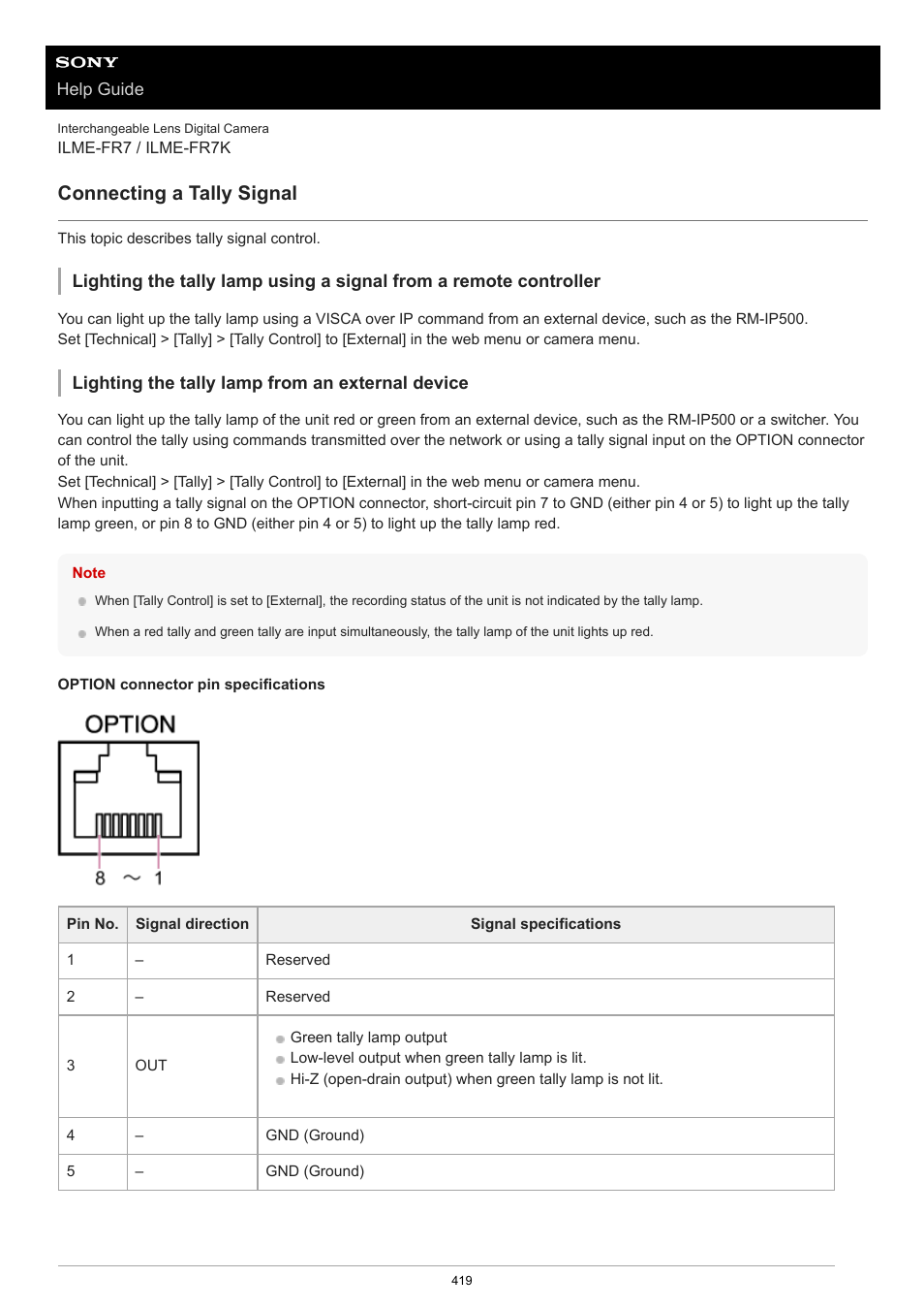 Connecting a tally signal, For details, see | Sony NW-A306 Walkman A Series High-Resolution Digital Audio Player (Black) User Manual | Page 419 / 458
