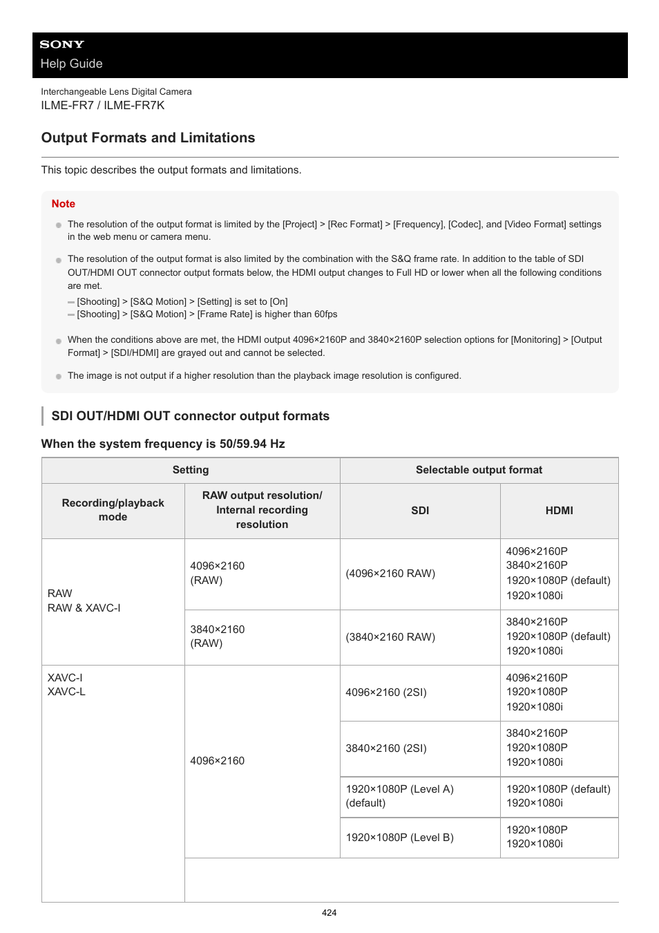 Output formats and limitations, For details about settings, see, Output formats and | Limitations | Sony NW-A306 Walkman A Series High-Resolution Digital Audio Player (Black) User Manual | Page 424 / 458
